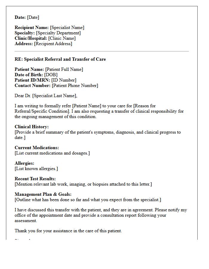 Specialist Referral and Transfer of Care Letter
