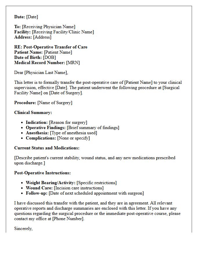 Surgical Patient Post-Operative Transfer of Care Letter
