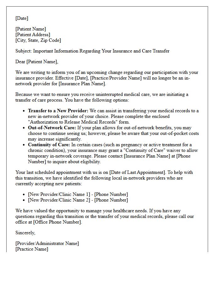 Patient Notification of Insurance Change Transfer of Care Letter
