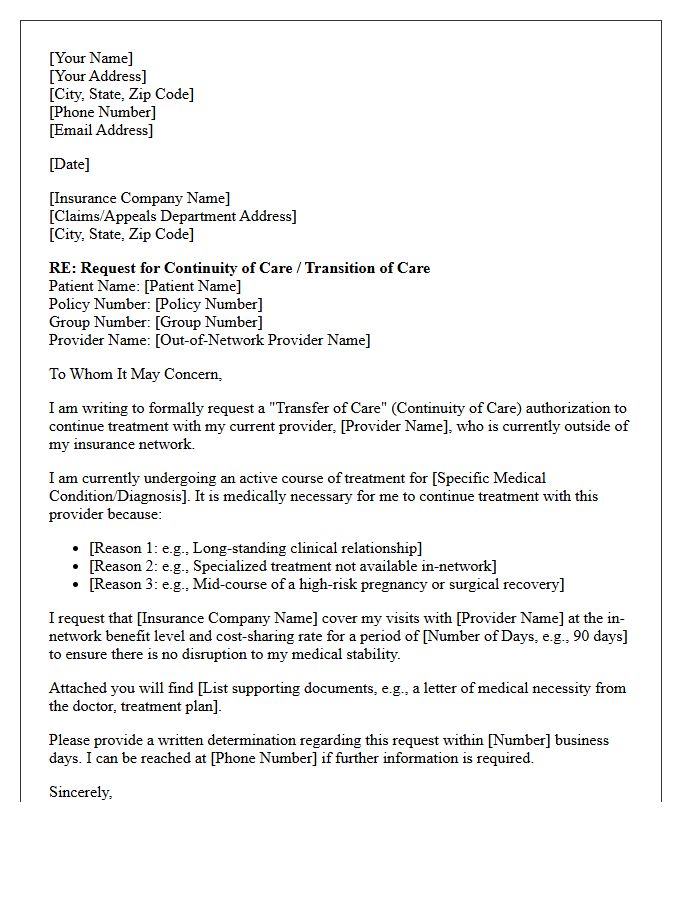 Out-Of-Network Insurance Provider Transfer of Care Letter