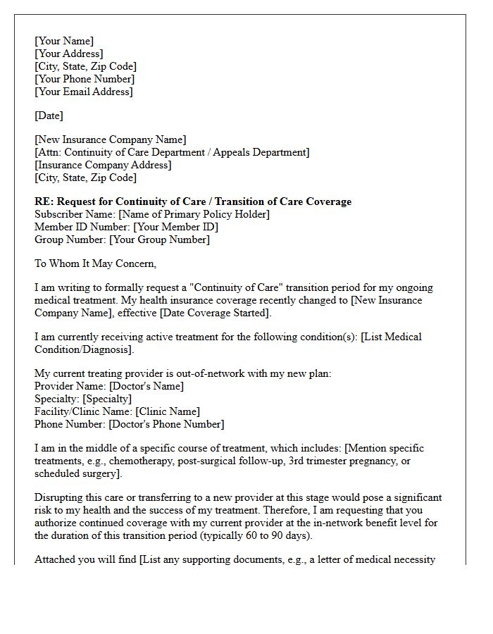 Continuity of Care Insurance Change Transfer Letter