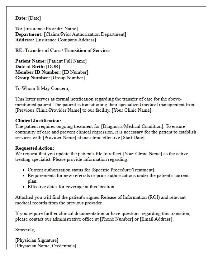 Specialist Clinic Insurance Provider Transfer of Care Letter