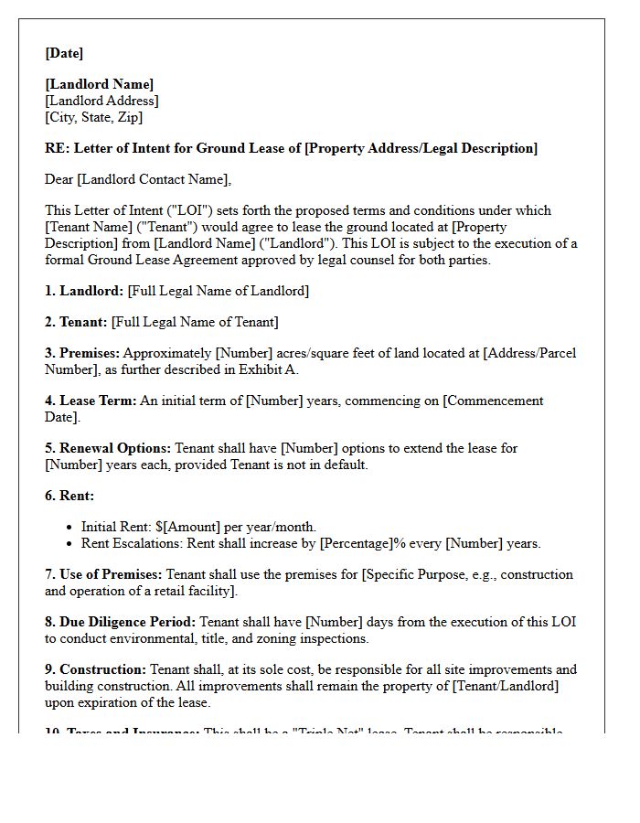 Counsel Approved Letter of Intent for Ground Lease Agreement