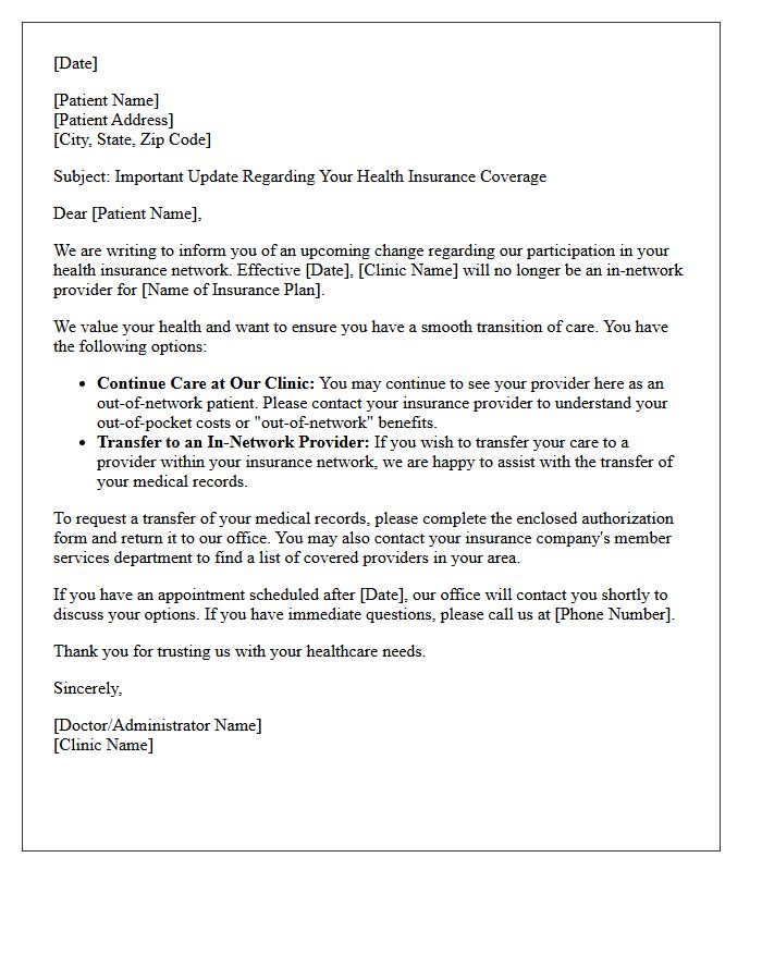 Medical Clinic Insurance Network Change Transfer Letter