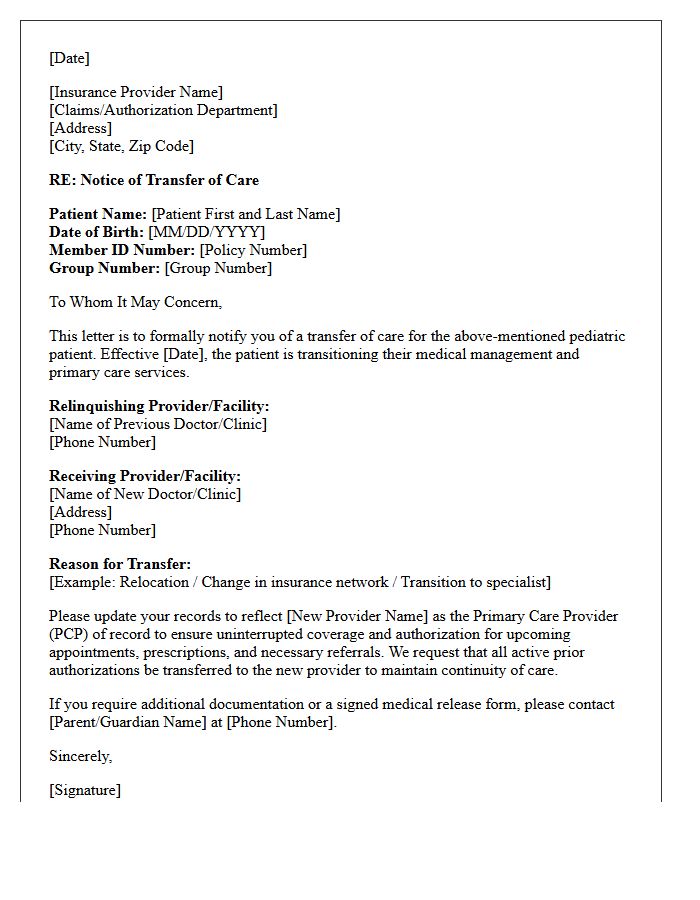 Pediatric Patient Insurance Provider Transfer of Care Letter