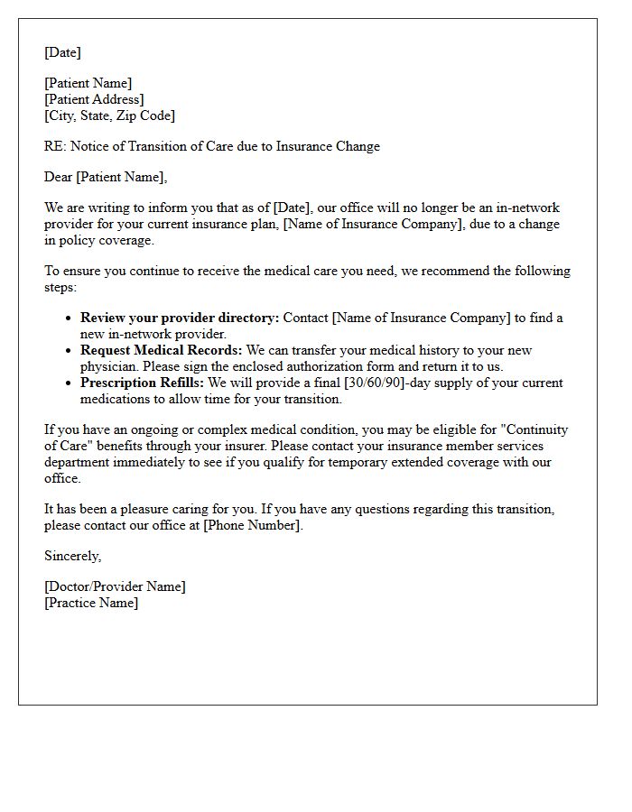 Transition of Care Due to Insurance Policy Change Letter