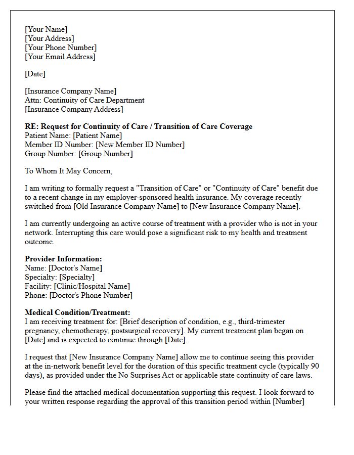 Employer-Sponsored Insurance Change Transfer of Care Letter
