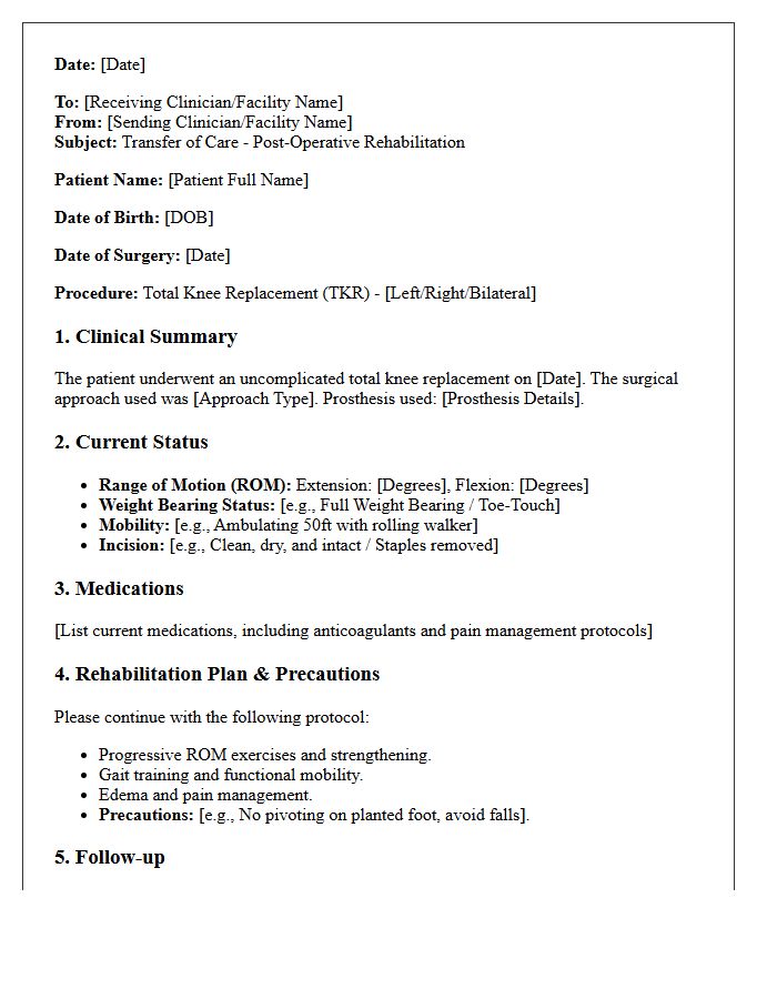 Total Knee Replacement Post-Operative Rehabilitation Transfer of Care Letter