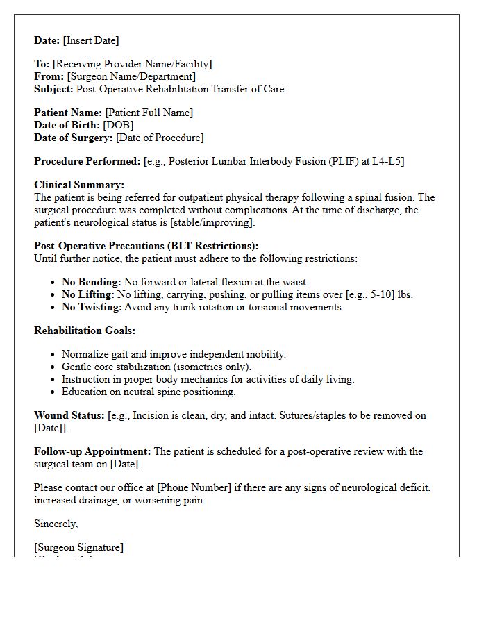 Spinal Fusion Post-Operative Rehabilitation Transfer of Care Letter