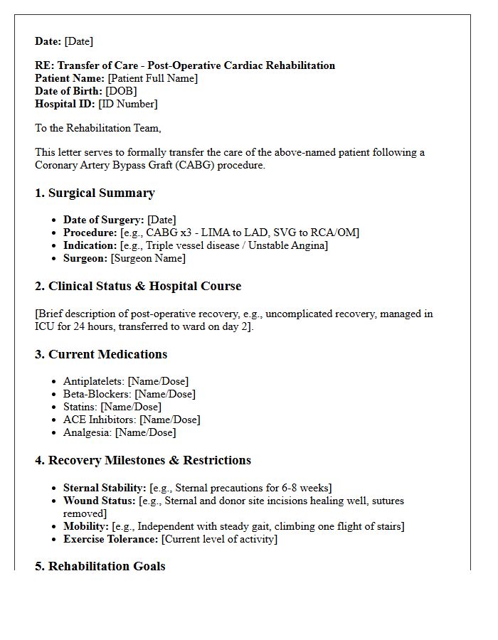 Coronary Artery Bypass Post-Operative Rehabilitation Transfer of Care Letter