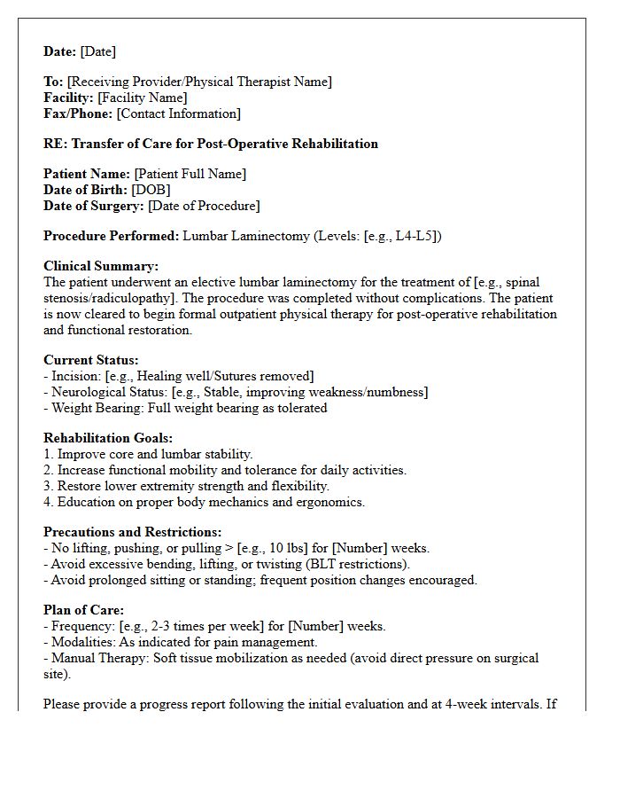 Lumbar Laminectomy Post-Operative Rehabilitation Transfer of Care Letter