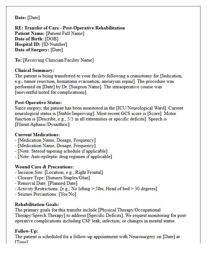 Craniotomy Post-Operative Rehabilitation Transfer of Care Letter