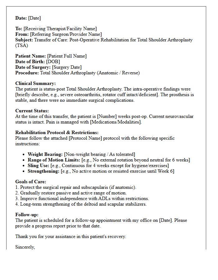 Total Shoulder Arthroplasty Post-Operative Rehabilitation Transfer of Care Letter