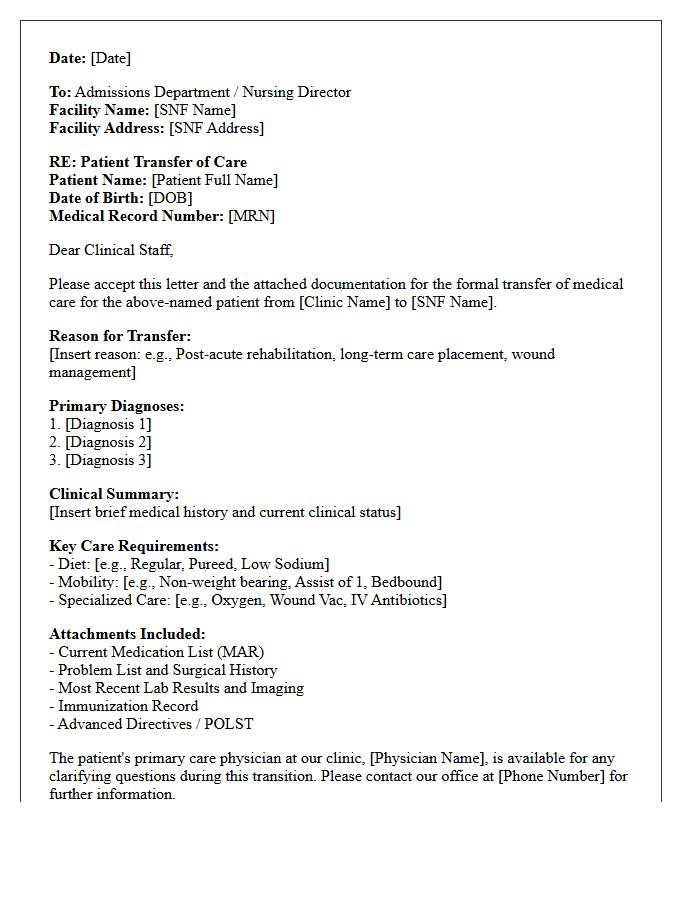 Primary Care Clinic to Skilled Nursing Facility Transfer of Care Letter