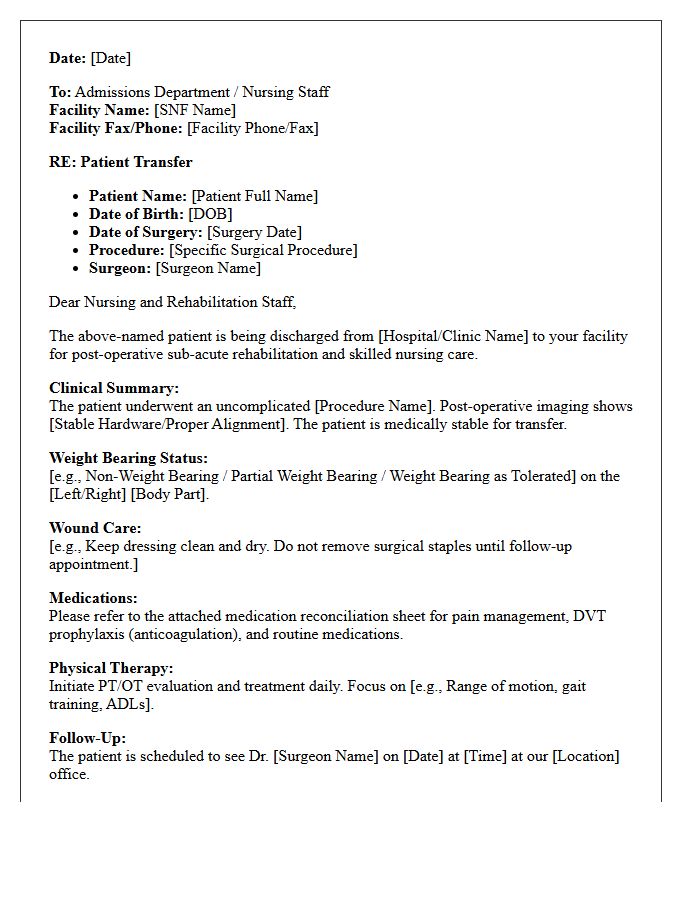 Orthopedic Clinic Post-Operative Skilled Nursing Facility Transfer Letter