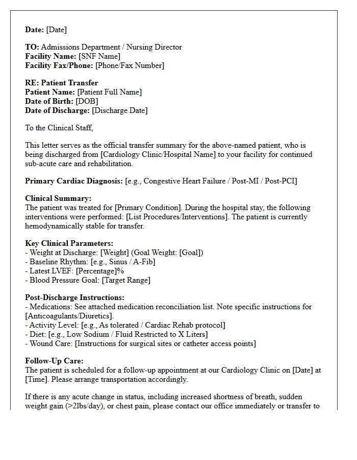 Cardiology Clinic Post-Discharge Skilled Nursing Facility Transfer Letter