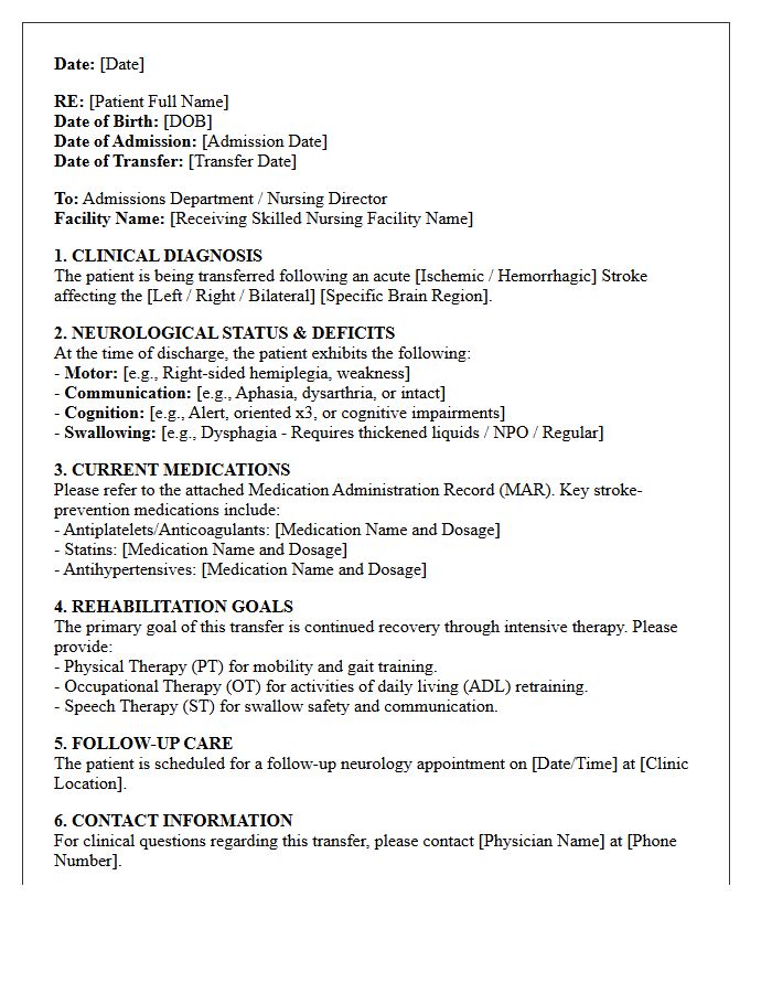 Neurology Clinic Stroke Recovery Skilled Nursing Facility Transfer Letter