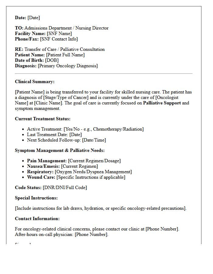 Oncology Clinic Palliative Skilled Nursing Facility Transfer of Care Letter
