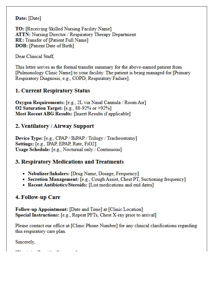 Pulmonology Clinic Respiratory Therapy Skilled Nursing Facility Transfer Letter