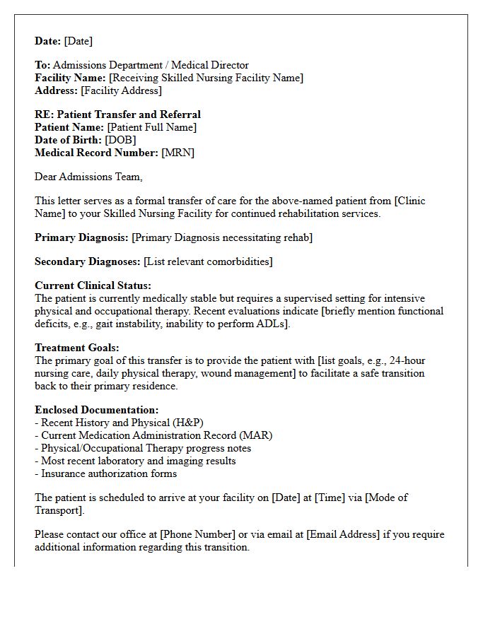 Outpatient Clinic Rehabilitation Skilled Nursing Facility Transfer Letter