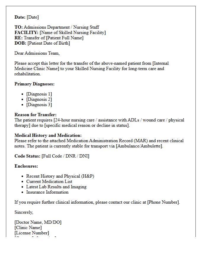 Internal Medicine Clinic Long-Term Care Skilled Nursing Facility Transfer Letter
