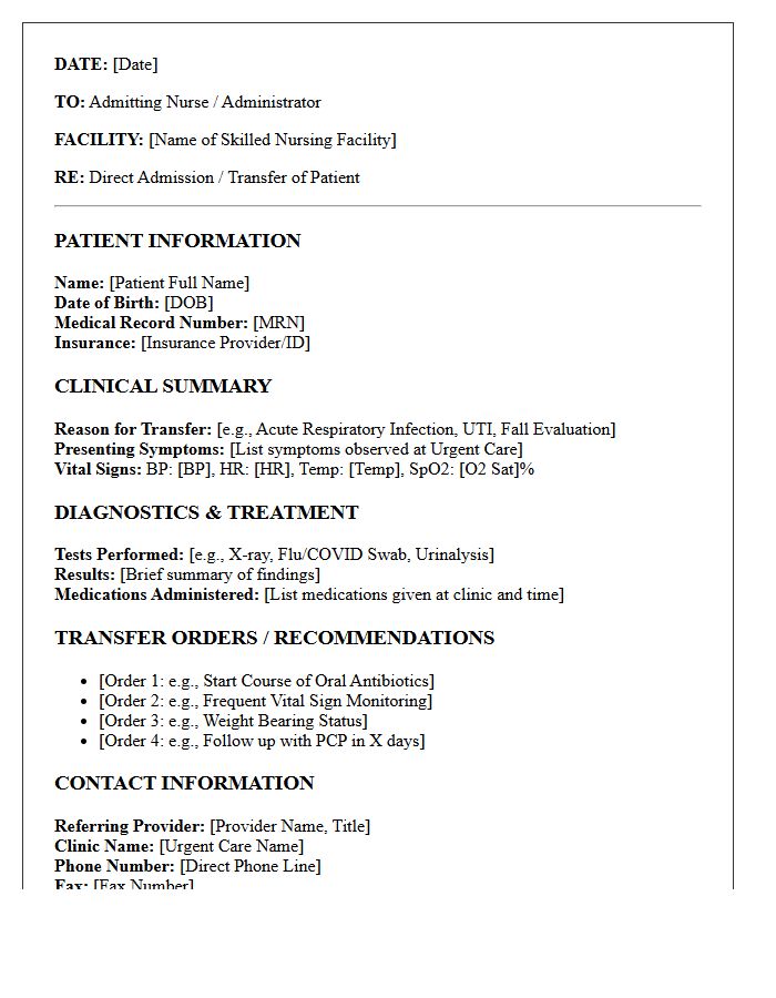 Urgent Care Clinic Direct Admit Skilled Nursing Facility Transfer Letter