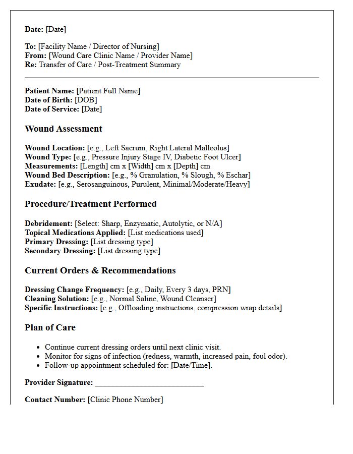 Wound Care Clinic Treatment Skilled Nursing Facility Transfer of Care Letter