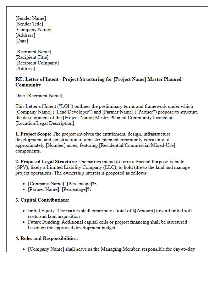 Letter of Intent for Master Planned Community Project Structuring