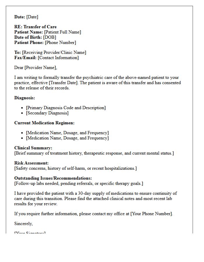 Outpatient Psychiatric Transfer of Care Letter