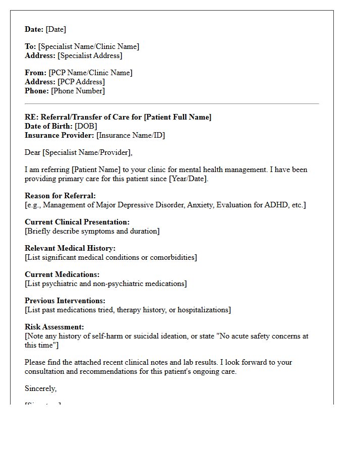 Primary Care to Mental Health Specialist Transfer Letter