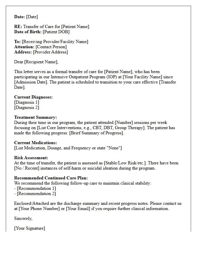 Intensive Outpatient Program Transfer of Care Letter