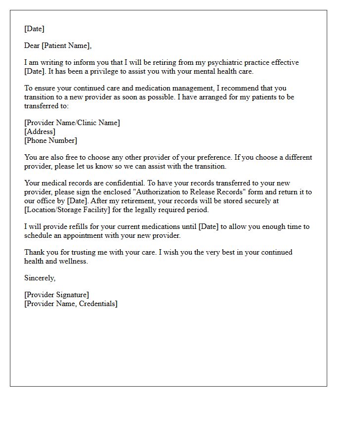 Psychiatric Provider Retirement Transfer Letter