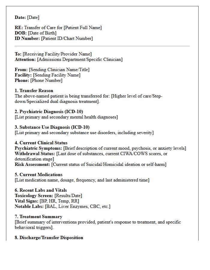Substance Use and Psychiatric Dual Diagnosis Transfer Letter