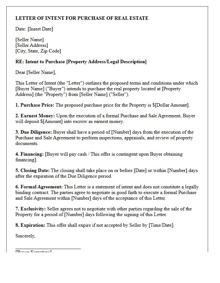 Client Letter of Intent for Real Estate Purchase and Sale Execution