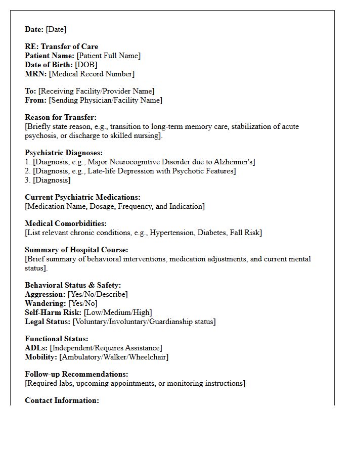 Geriatric Psychiatry Facility Transfer of Care Letter