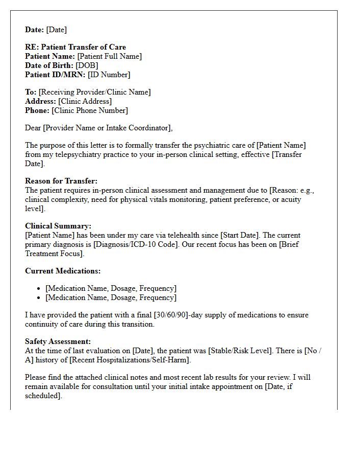 Telepsychiatry to In-Person Clinic Transfer Letter