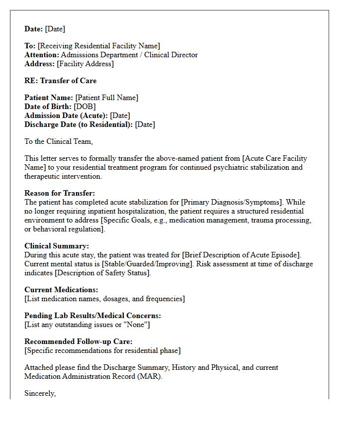 Acute Care to Residential Psychiatric Transfer Letter