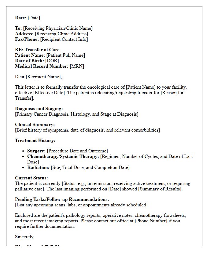 Outpatient Oncology Clinic Transfer of Care Letter