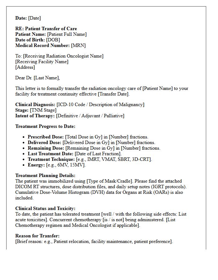 Radiation Oncology Treatment Continuity Transfer Letter