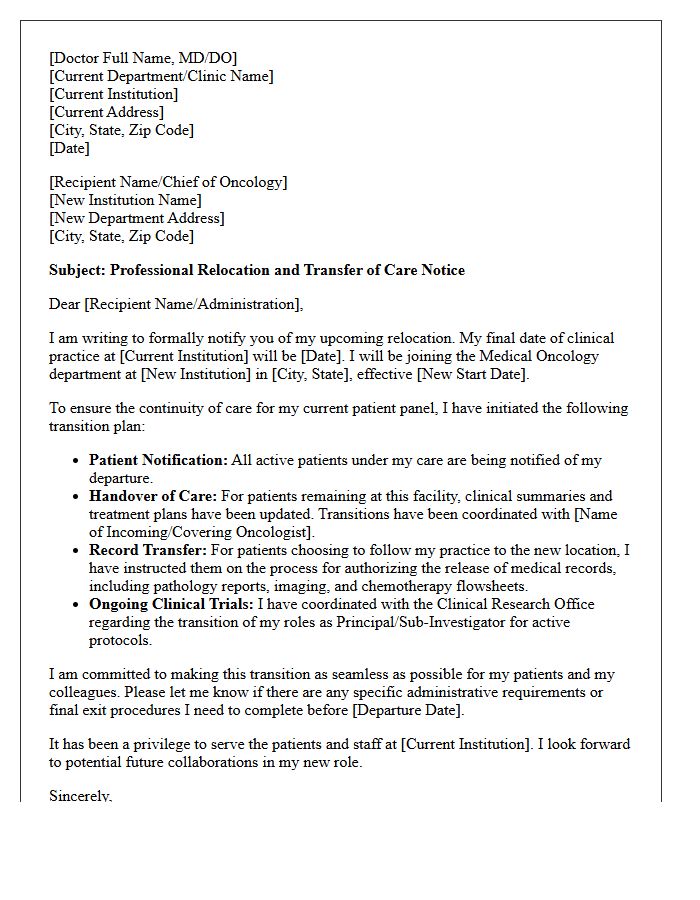 Medical Oncology Specialist Relocation Transfer Letter