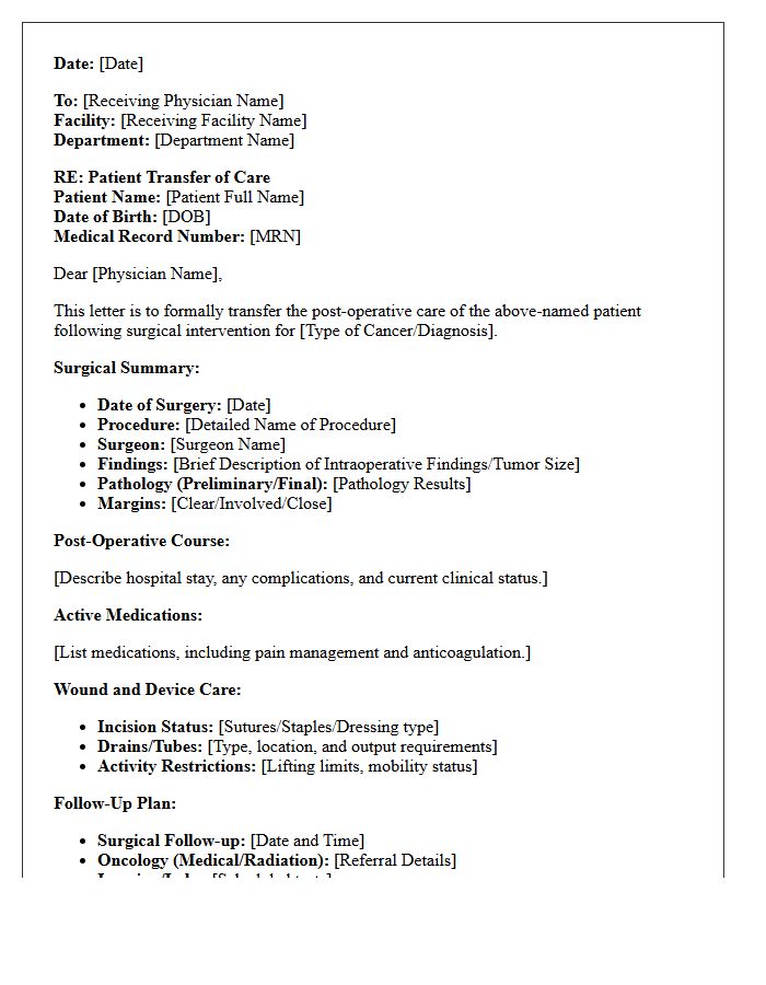 Surgical Oncology Post-Operative Care Transfer Letter
