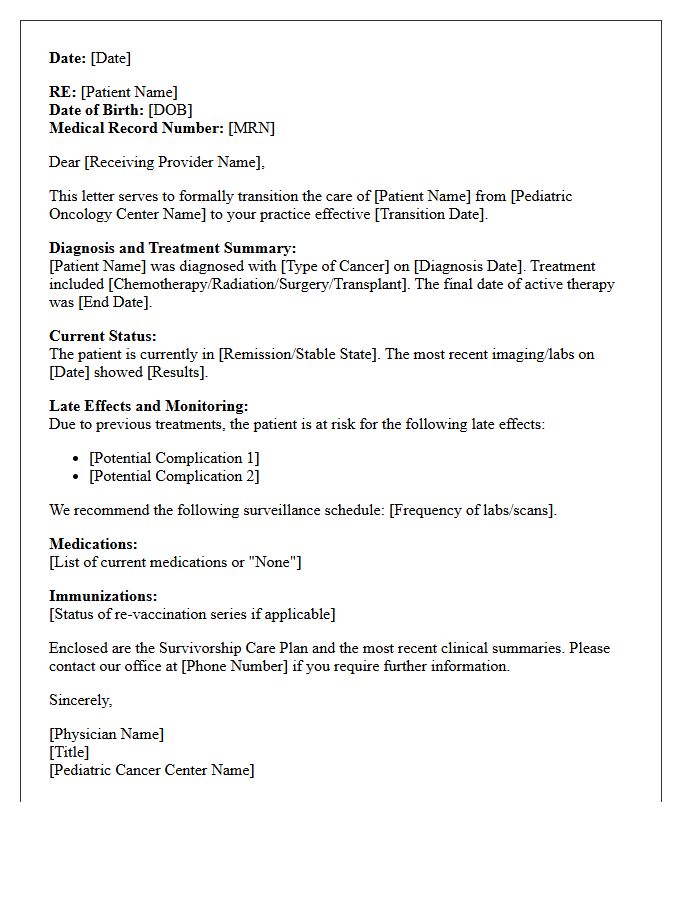 Pediatric Cancer Center Transition of Care Letter