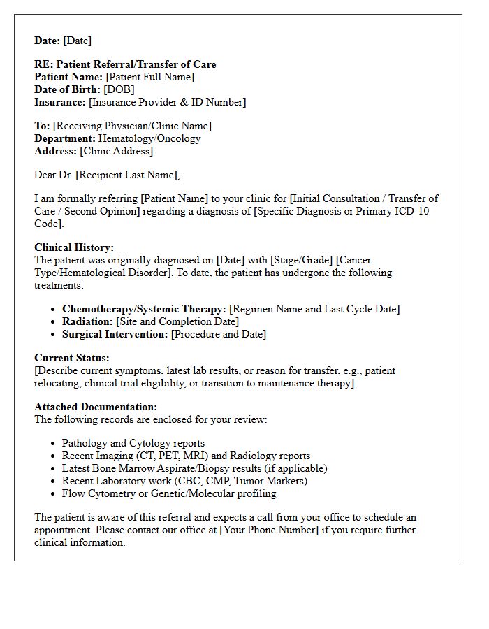 Hematology and Oncology Clinic Referral Transfer Letter