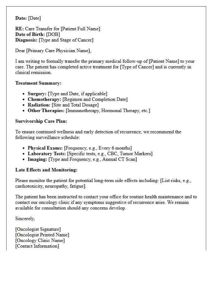 Cancer Remission and Survivorship Care Transfer Letter