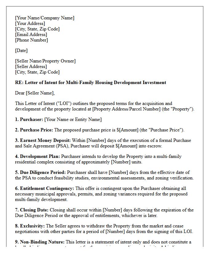 Letter of Intent for Multi-Family Housing Development Investment
