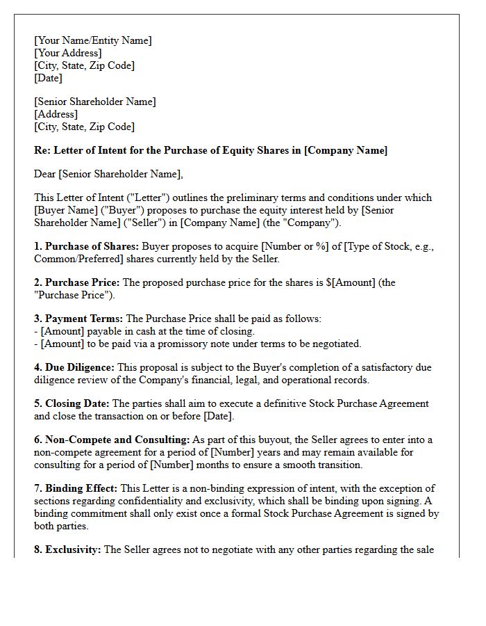Letter Of Intent For Senior Equity Shareholder Buyout
