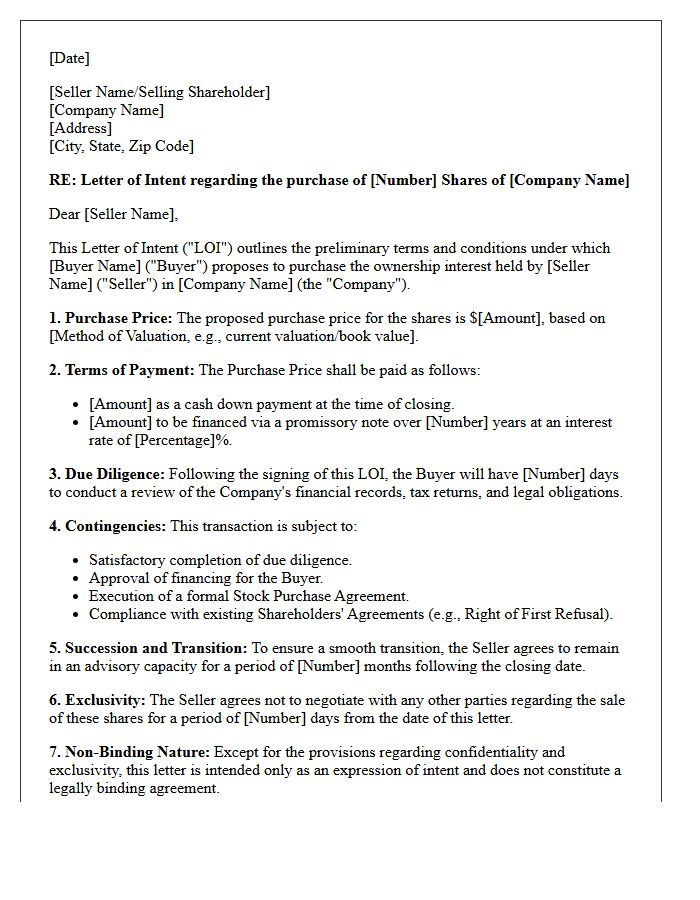 Letter Of Intent For Internal Succession Shareholder Buyout