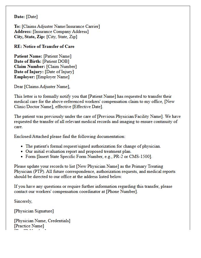 Initial Workers Compensation Transfer of Care Letter
