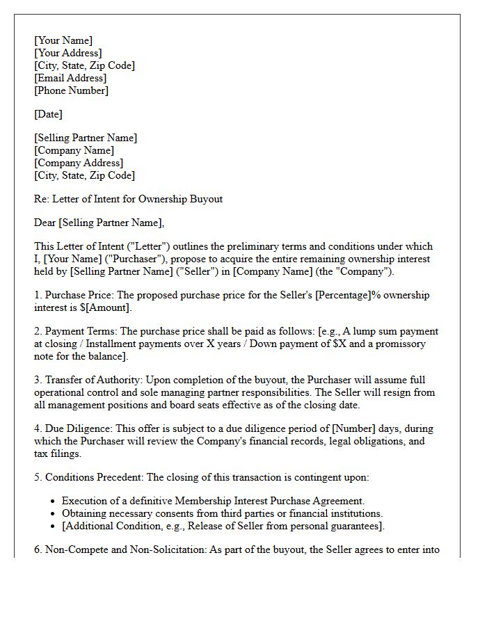 Letter Of Intent For Managing Partner Ownership Buyout