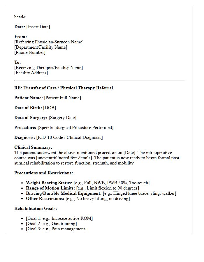 Post-Surgical Rehabilitation Transfer of Care Letter